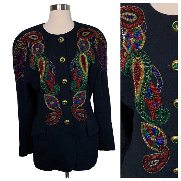 Vintage Jackets & Blazers - Vintage Lillie Rubin Exclusive Black Heavily Beaded Wool Bead Embellished Jacket